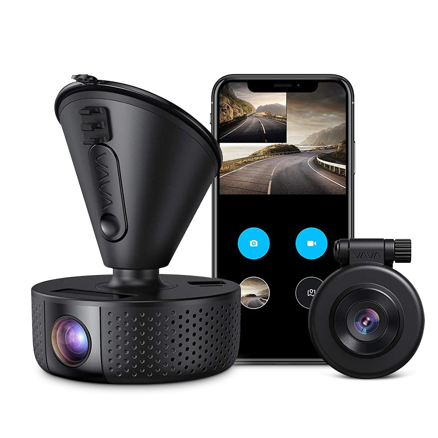 VAVA 1080P Dual Dash Cam with smartphone with the dash cam app on the screen in the background