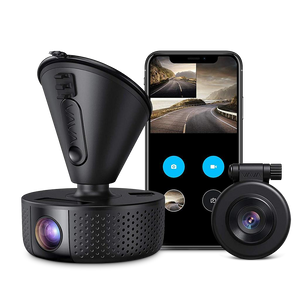 VAVA 1080P Dual Dash Cam with smartphone with the dash cam app on the screen in the background