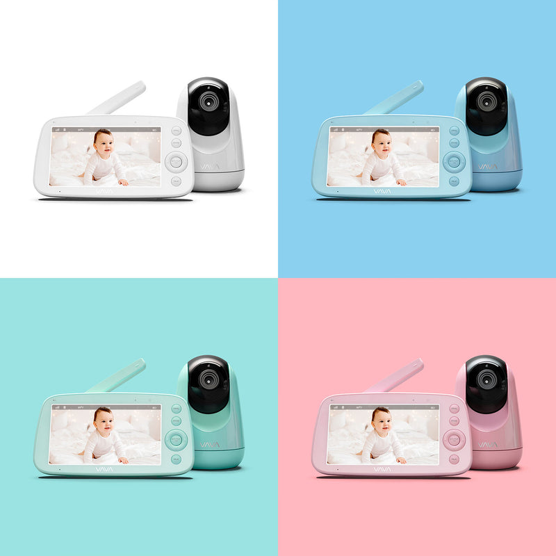 VAVA baby monitor and camera in white, blue, green, and pink in a grid pattern